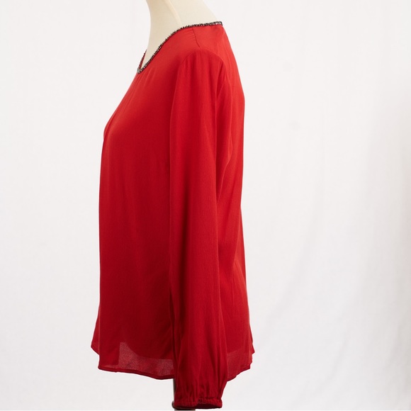 Gibson Latimer Women’s Long Sleeve Blouse Top Beaded Neckline Elastic Sleeve Red - Picture 3 of 6